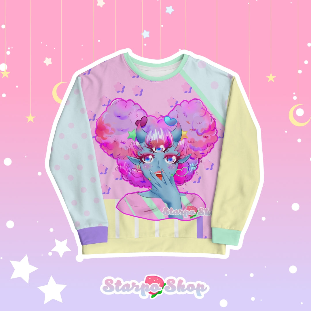 kawaii Harajuku inspired all over print sweater. Featuring triclops original character, Kake